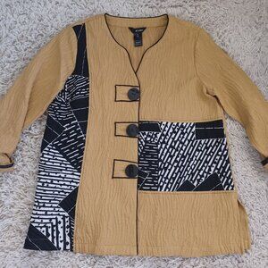 Ali Miles Medium Artsy Patchwork Jacket Tan Black Texture Button Front Lagenlook